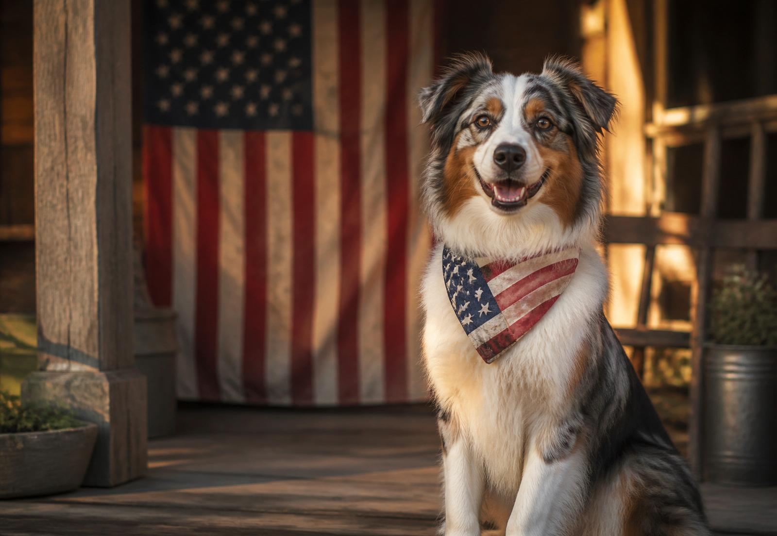 Freshly groomed Australian Shepherd in a flag bandana on a wooden porch